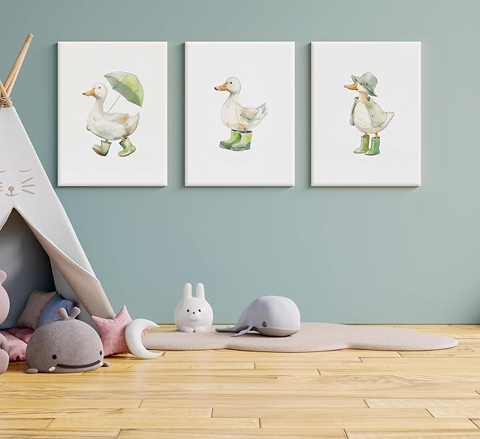3Pcs Baby Animal Nursery Wall Art Funny Green Rain Gear Duck Painting Picture Wall Decor This Set of 3 Happy Ducks Wearing Green Boots Poster Print Artwork for Kids Boys Room Bedroom Decorate,Framed