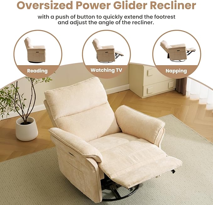 Oversized Power Recliner Chair Swivel Glider with Massage and Heat, Rocker Nursery Recliner for Adults with Adjustable Headrest, 26" Extra Wide Nursery Chair with Overstuffed Armrest,Beige