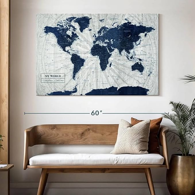 ElephantStock - My World Push Pin Map V Wall Art - Horizontal Canvas Wall Art - Living Room Wall Decor - Unique Map Canvas Art - Gray And Blue Decor - 51" x 34"