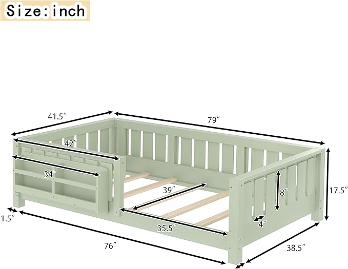 Bellemave Twin Floor Bed with Slats and Safety Guardrail, Twin Size Montessori Floor Bed with Fence and Built-in Bookshelf, Easy Assemble Montessori Beds for Kids, Girls, Boys, Green
