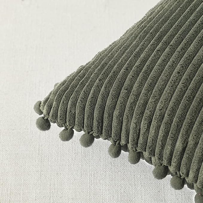 Fancy Homi 2 Pack Olive Green Small Decorative Throw Pillow Covers 12x12 Inch with Pom-poms for Couch Bedroom Living Room, Soft Corduroy Solid Cushion Case 30x30 cm, Farmhouse Boho Home Decor