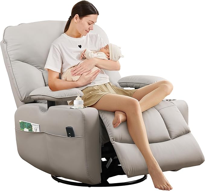SUNWAVE Power Nursery Rocking Chair with Adjustable Armrests, Nursing Chair with USB, Cup Holders & Blanket, Swivel Rocker Recliner with Corduroy and PU Leather Mixed Fabric (Gray)