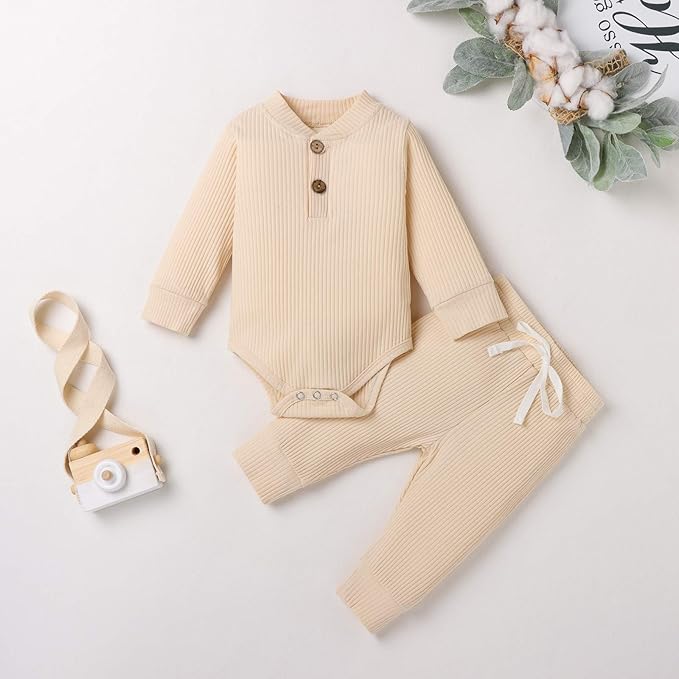 Newborn Baby Boy Girl Clothes Ribbed Knitted Cotton Long Sleeve Romper Long Pants Solid Color Fall Winter Outfits