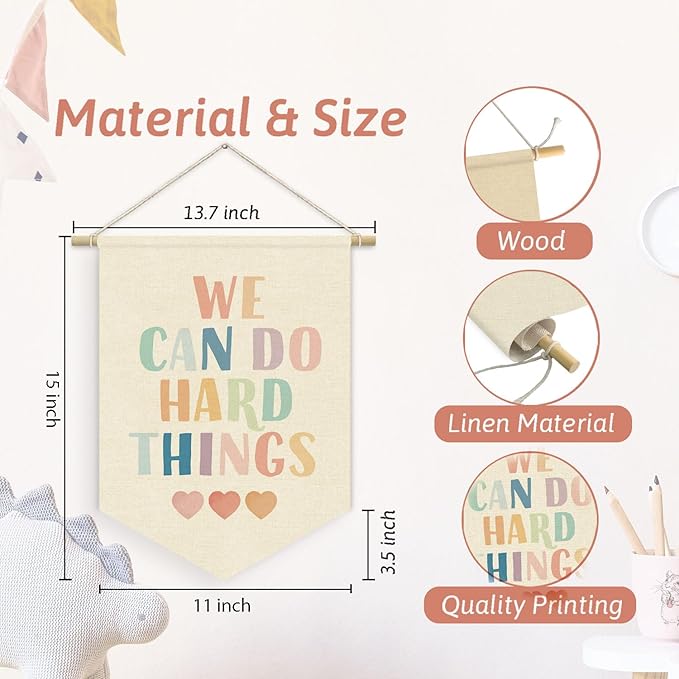 Boho Colorful Classroom Decor, We Can Do Hard Things Linen Canvas Banner for Wall Door Decor, Growth Mindset Positive Affirmations Wall Hanging Pennant Flag for Classroom Playroom, 15x11in