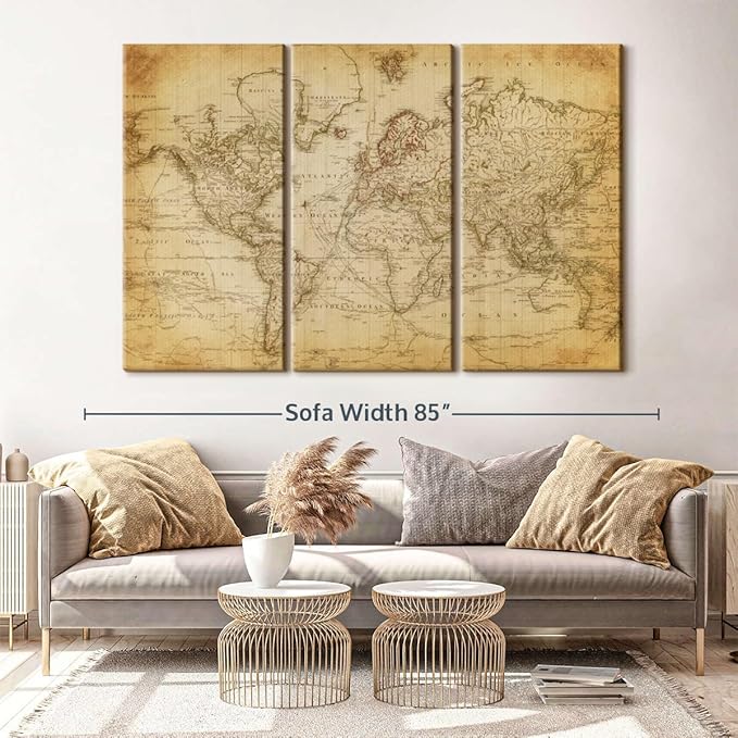 ElephantStock Old Century World Map Wall Art Multi Piece Canvas - 3 Piece Canvas World Map Wall Decor - Decor Ready-to-Hang Print - Vintage Wall Art - 74" X 48"