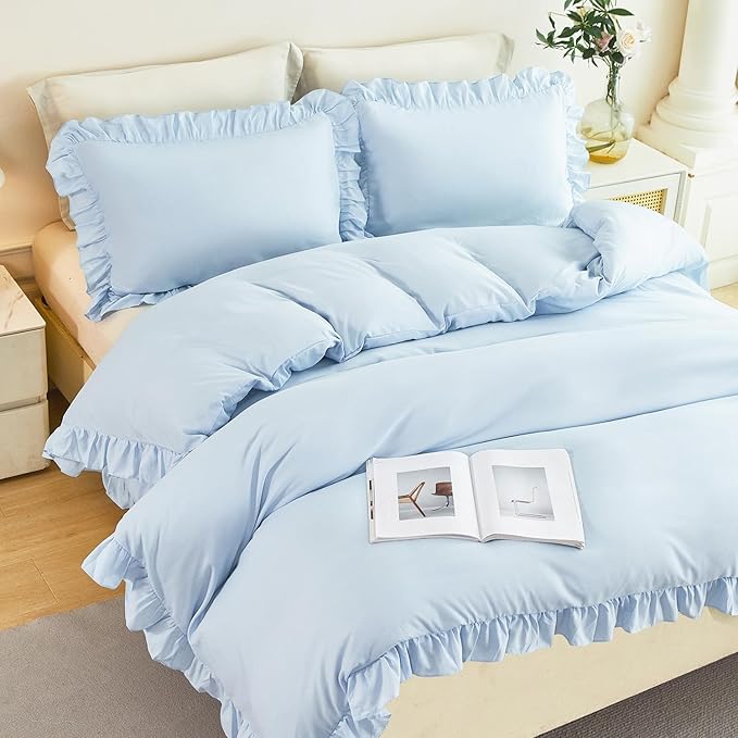 Twin Size Duvet Cover Set Light Blue Ruffle Comforter Covet Set for Girls Kids Teens 3 Pieces Soft Microfiber Bedding Set All Seasons(Light Blue, Twin)
