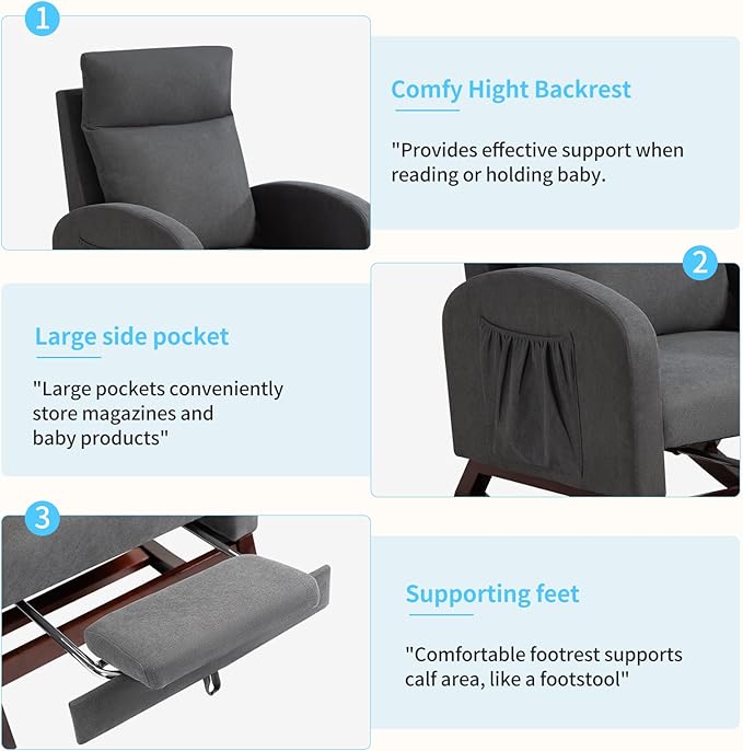 Rocking Chair Nursery Glider Chair with Foot Rest, Nursery Rocking Chairs with Rubber Wood Legs Side Pocket, High Back Nursing Chair, Accent Rocker Arm Chair Baby Bedroom, Living Room, Gray