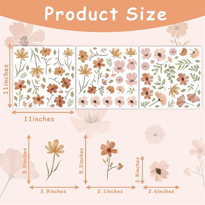 Small Flower Wall Stickers Boho Floral Wall Decals Watercolor Wildflower Decals Cute Flowers Stickers Removable Retro Floral Decal for Nursery Girls Bedroom Decor