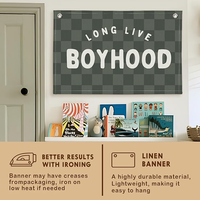 Lacama Green Long Live Boyhood Boys Room Decor, Boy Nursery Decor, Linen Banner Wall Hanging Canvas Banner Flag Decor for Toddler Boy Room Nursery 30x20 In