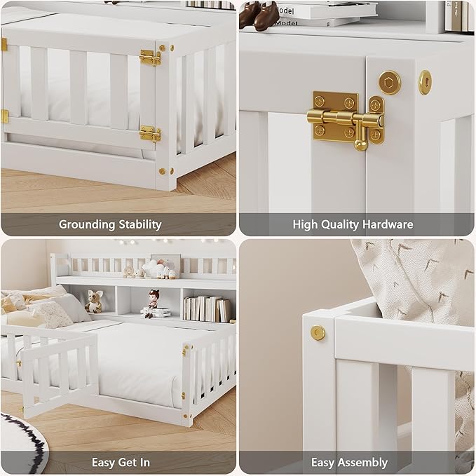 mikibama Twin Size Floor Bed with Side Bookcase and Shelves, Montessori Floor Bed with Guardrails for Bedroom, Wood Full Floor Bed Frame with Storage for Girls, Boys, White