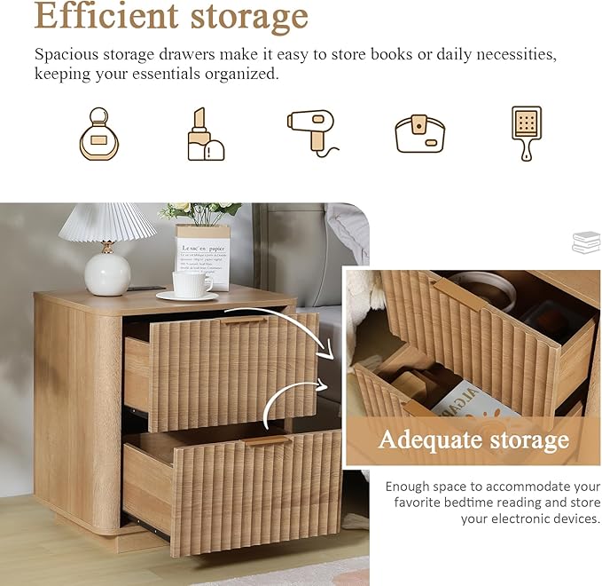 Fluted Nightstand with Charging Station, 23" Night Stands with 2 Drawers, Wood End Table with Storage, Oak Bedside Cabinet for Bedroom