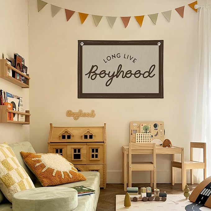 Long Live Boyhood Banner, Boy Nursery Decor, Canvas Banner Wall Hanging Flag Decor for Nursery Playroom Toddler Room, Boys Kids Room - Brown