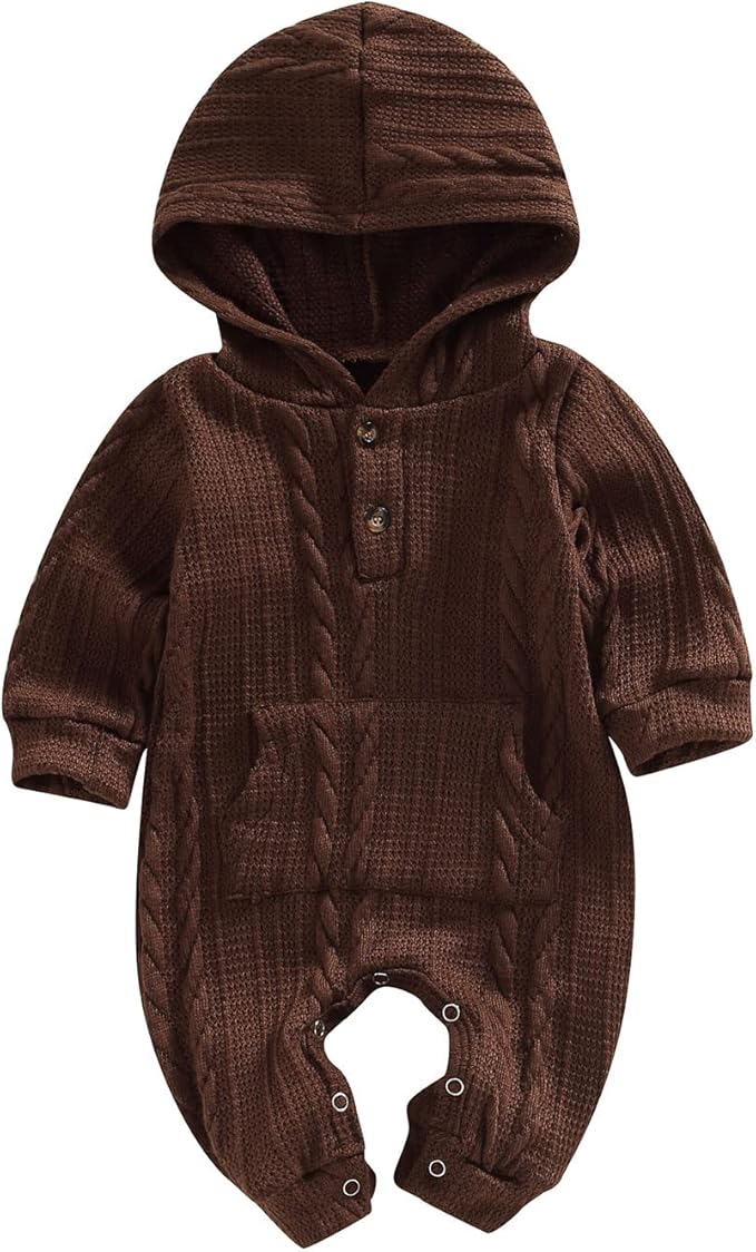 Infant Boys Girls Knit Sweater Romper Baby Toddlers Long Sleeve Hooded Button Up Winter Outfits with Pocket