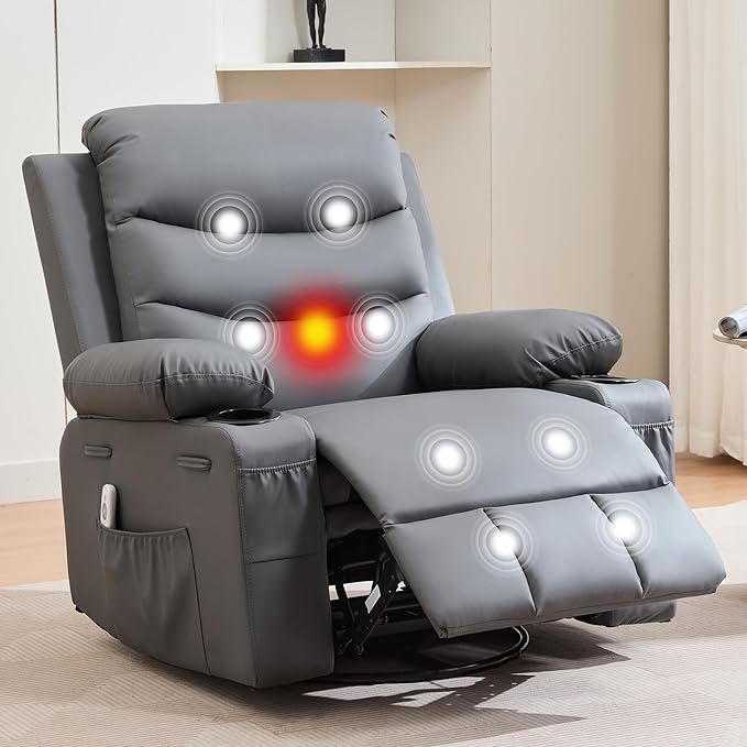 Leather Recliner Chair Nursery, Oversized Manual Reclining Rocking Chair, 360 Swivel Glider with Cup Holder, Massage and Heat Recliner, Indoor Small Single Sofa Chairs for Adults, RV, Bedroom, Gray