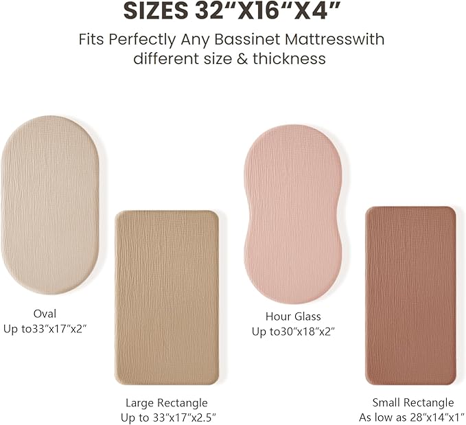 Konssy Muslin Bassinet Sheets for Baby Girl Boy, 2 Pack Soft Breathable Baby Bassinet Mattress Sheets Fit for Hourglass Oval Cradle, Moses Basket Rectangle Mattress (Chestnut, Posy)