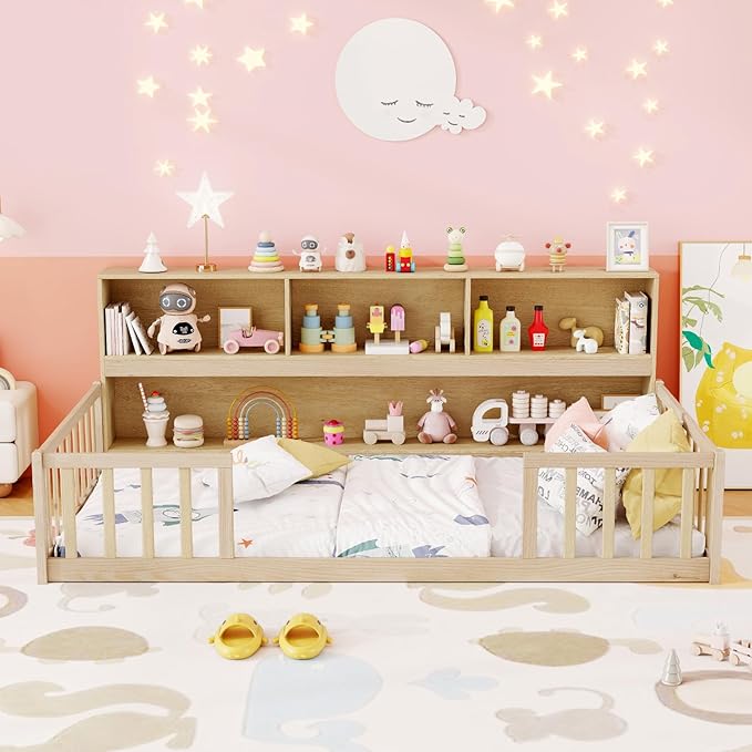 KOMFOTT Twin Floor Bed with Bookcase & Shelves, Wood Bed Frame with Bedside Bookshelves & Guardrails, Versatile 2-in-1 Montessori Floor Bed for Kids (Twin,Natural)