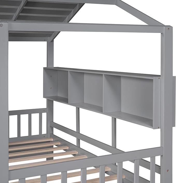 Merax Wood Twin House Daybed with Drawers & Book Shelf, Low Sofa Day Bed for Boys Girls No Box Spring Needed Gray