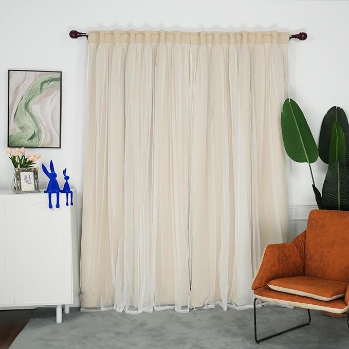 INLINAS 52 x 84 Inches Beige Blackout Curtains with Sheer Overlay - Back Tab and Rod Pocket Thermal and Noise Reduction Panels for Bedroom and Living Room Light Blocking and Energy Saving, Set of 2