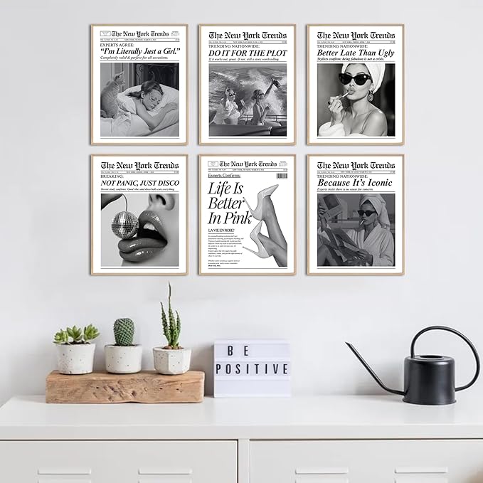 uniro Trendy Newspaper Wall Art Prints, Vintage Black & White Newspaper Wall Decor Aesthetic Pictures, Retro Girly Dorm Room Decor, Funky Bathroom Wall Decor Disco Poster for Teen Girl Bedroom Apartment, Bar Cart decor - Unframed