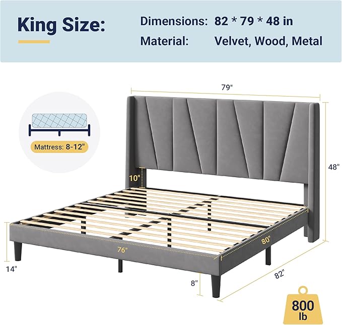 Allewie King Size Platform Velvet Bed Frame with Geometric Wingback Headboard, Boho Upholstered Bed with Wooden Slats Support, No Box Spring Needed, Easy Assembly, Light Grey