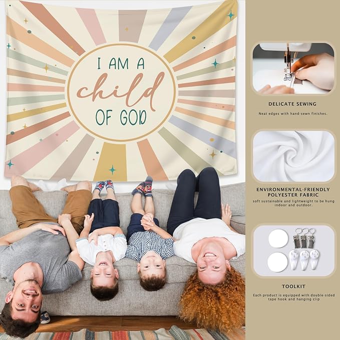 LIANGW Boho Neutral Baby Nursery Christian Wall Tapestry – I am a Child of God Bible Verse Decor, Inspirational Toddler Room Tapestry for Boys,Teens Room Decoration Living Room Bedroom 50x60 inches