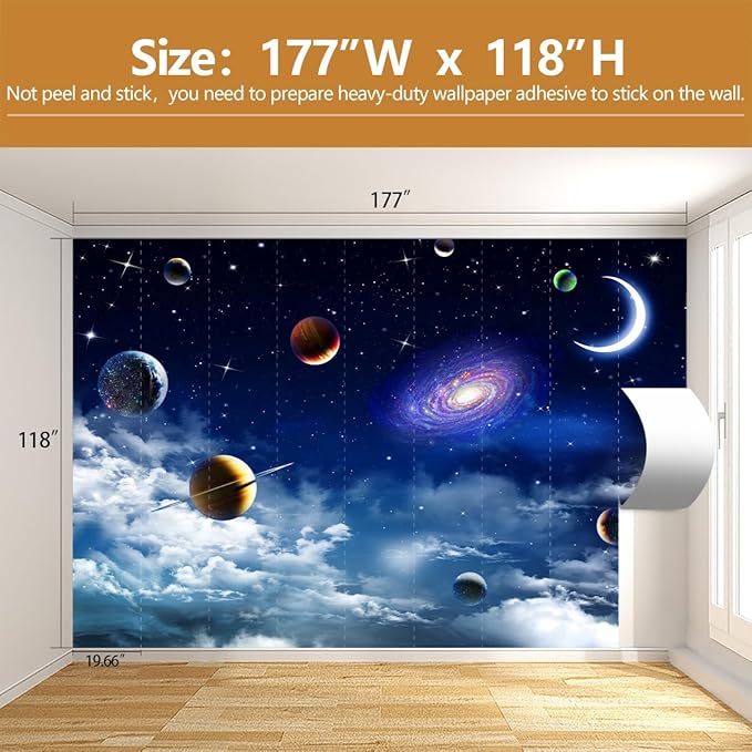 Galaxy Planet Wallpaper Blue Sky Stars Moon Ceiling Wall Mural for Living Room Bedroom（Not Peel and Stick）
