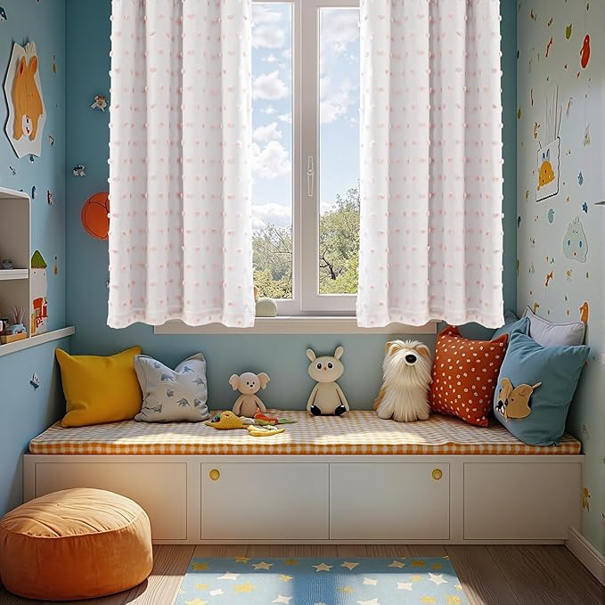 MYSKY HOME Pink Pom Pom Blackout Curtains for Girls Bedroom 63 Inch Long 100% Room Darkening Curtain for Kids Room 2 Panels Small Window Treatment Back Tab 2 Layered Drapes Toddler 52W x 63L