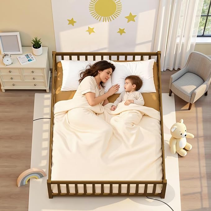 i-POOK Full Floor Bed Frame with Wood Slats, High Fence & Small Door, Pinewood Montessori Floor Bed for Girls and Boys,Light Espresso