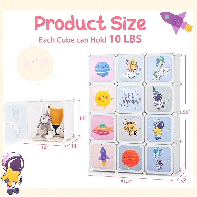 INFANS Children Wardrobe, Kid Closet Portable Baby Dresser Cute for Kids Bedroom Nursery Armoire with Doors 12 Cube 2 Hanging Sections, Kid Clothes Storage Organizer (White, 12 Cubes)