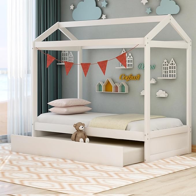 Twin Size House Bed with Trundle and Roof,can be Decorated,Bedroom Wood Platform Bed Frame W/ No Box Spring Required,Easy to Assemble,Save Space,for Kids Teens Girls Boys,Gray