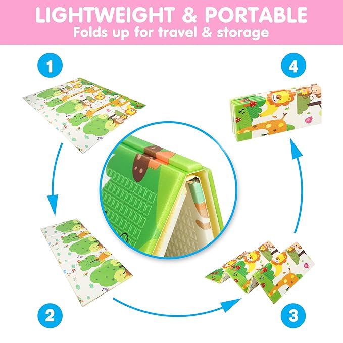 Bammax X-Large 78" x 70" x 0.4" XPE Foam Padded Baby Play Mat + Travel Bag | Waterproof, Reversible & Foldable Design | Baby Crawling Mat & Kids Play Mat – Giraffe & Mixed Animals