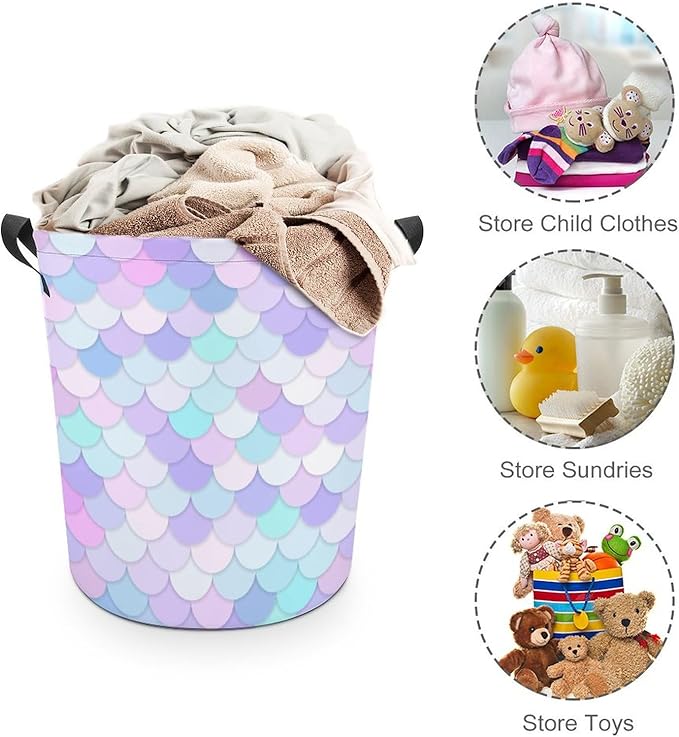 Rainbow Mermaid Laundry Basket Mermaid Party Decorations Girls Hamper Clothes Toy Storage Bin for Kids Girls Bedroom Bathroom Decor