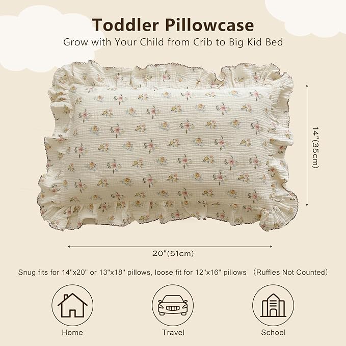 BuLuTu Cotton Muslin Kids Toddler Pillowcase with Cute Azalea Flowers Pattern Super Soft Crib Nursery Pillowcase for Boys,Girls,Bedding Decor Machine Washable, Durable Pillowcase,1 Piece,14"x20"
