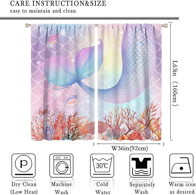 Dream Mermaid Curtains Colorful Mermaid Fish Tail Scale Fantasy Ocean Theme Beautiful Kids Window Treatment for Girls Bedroom Nursery Room Decor Rod Pocket Window Drapes 72x63in