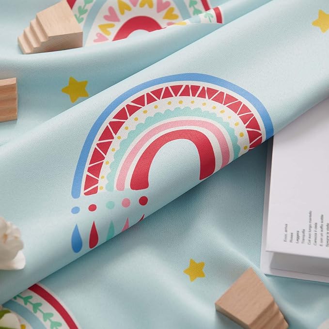 Vangao Boho Girls Blackout Curtains Pastel Blue for Kids Room 63 Inch Length, Rainbow Window Drapes for Living Room Nursery Thermal Grommet Insulated Room Darkening Curtains Bedroom, 2 Panels