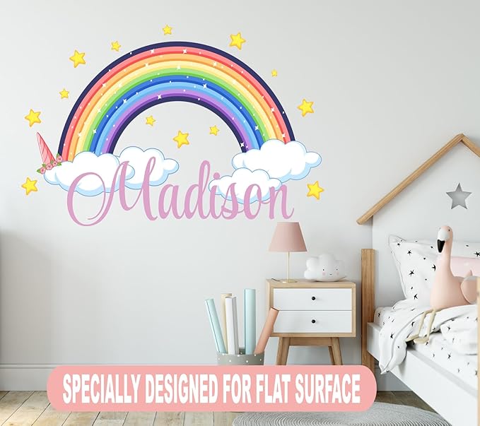 Custom Name Rainbow Wall Decal for Girls - Personalized Name Stars Clouds Sticker - Rainbow Wall Decal - Cute Unicorn Sticker for Kids Decor- Removable Vinyl for Nursery Decor (Tiny Wide 8"x5" Height)