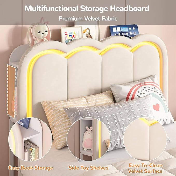 Maupvit Twin LED Bed Frame with Storage Headboard and 4 Drawers, Upholstered Platform Bed Frame with Bookcase, Velvet Princess Bed for Kids Girls, Charging Station, No Box Spring Needed, White