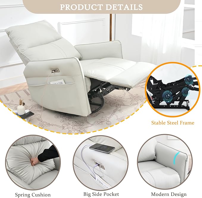 Power Swivel Rocker Recliner Chair for Nursery, Upholstered 270° Swivel Glider Rocker Chair with USB Ports, Small Power Recliners for Small Spaces Living Room (Light Grey)