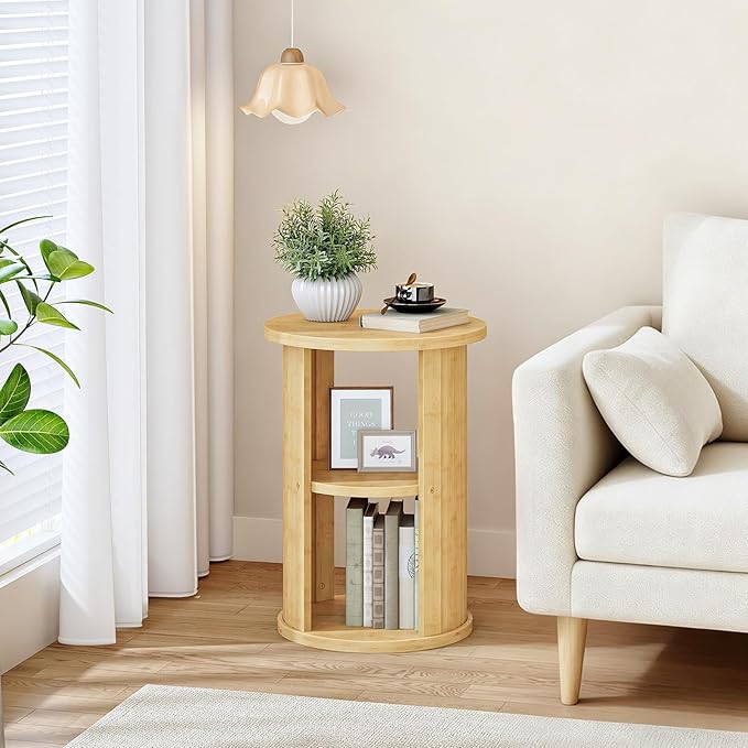 HOOBRO Small Round Side Table, 3-Tier Round Bamboo End Table, Sofa Bedside Table, Bohemian Style Nightstand Easy Assembly, for Living Room, Bedroom, Apartment, Natural YL192BZ01