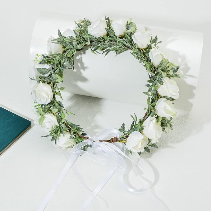 Baby Girls Flower Crown Headpiece Boho Little Wreaths for Weddings, Family Photography (Flower White)