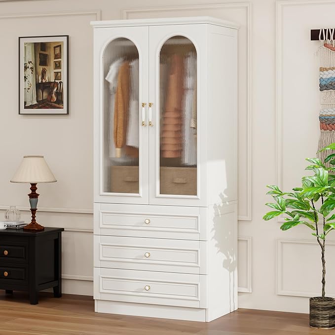 Solid Wood Wardrobe Closet:TemkTuek 70.87" Armoire,Clothing Storage Cabinet with Drawers,Doors,Hanging Railsand Shelves,Vintage Freestanding,Bedroom,White(19)