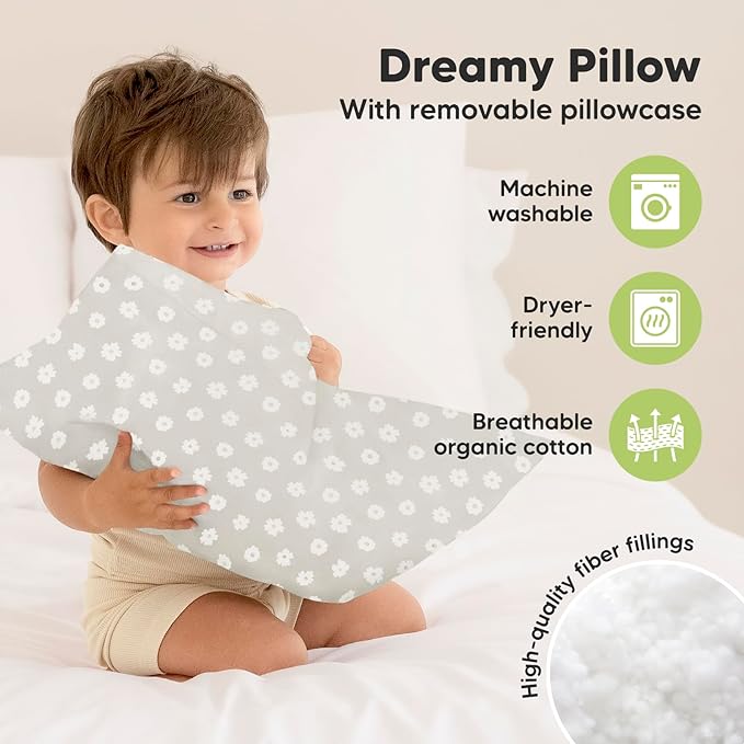 Toddler Pillow with Pillowcase - 13x18 My Little Dreamy Kids Travel Bed Pillows for Sleeping, Organic Cotton Small Pillowcase, Soft & Breathable, Machine Washable, Toddlers 2-5 years old (Meadow)