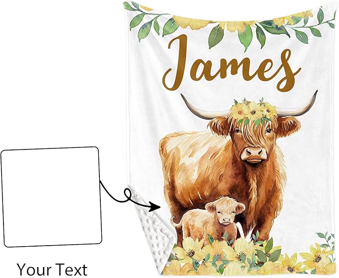 Personalized Crib Bedding Set for Girls, Custom Baby Crib Sets with Name, Yellow Flower Highland Cow Design Nursery Bedding 2 Piece - Soft Blanket with Double Layer Dotted Backing, Crib Fitted Sheet
