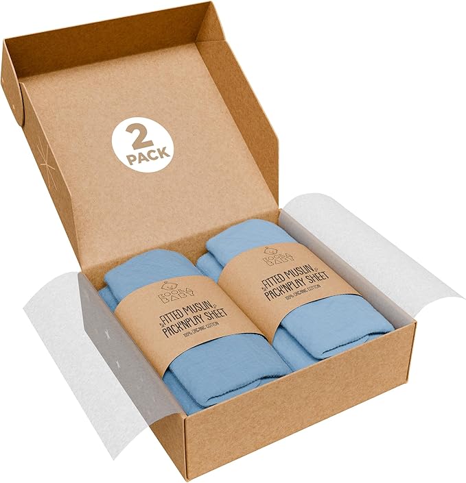 Pack and Play Sheets Fitted - Portable Mini Crib Mattress Sheet for Boys & Girls - Soft Muslin Cotton Playard Sheets - Play Yard Mattress Cover - Fits Most Pack n Play - Safe and Snug for Baby 2 Pack