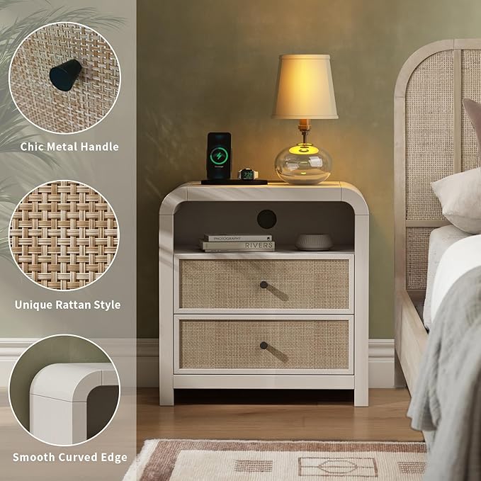 Oak&Sparrow 2 Drawer Tall Dresser for Bedroom, 23.6'' Rattan Dresser with Ample Storage, Boho Chest of Drawers, Thickened Curved Profile Design, Oak Dressers for Bedroom, Living Room