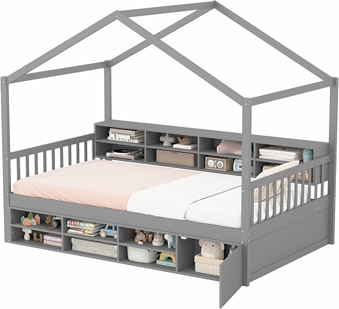 KOMFOTT Twin Size Wood House Bed with Storage Shelves, Wooden Platform Bed Frame with Storage Cabinet, Headboard & Footboard, House Bed with Wood Slats Support, No Box Spring Needed (Grey)