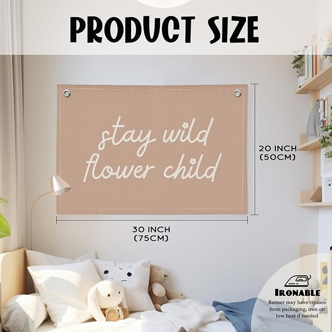 Pink Girls Room Nursery Decor, Stay Wild Flower Child Linen Canvas Banner Wall Hanging Flag Decor for Little Toddler Baby Girls Room Playroom, Baby Shower Girl Decorations