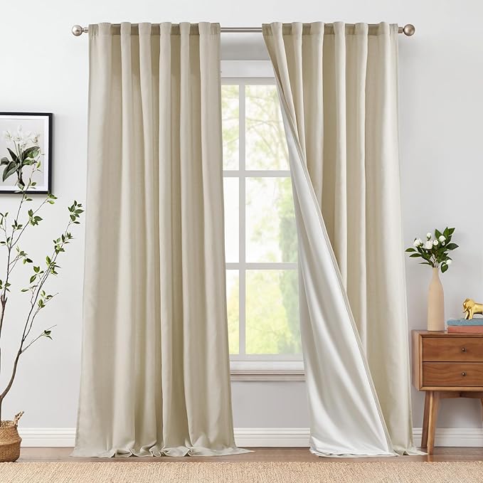 jinchan Oat Lined Linen Blend Curtain for Living Room 96 Inch Length 2 Panels Curtains for Sliding Glass Doors, 50 Inch Wide Drapes with Rod Pocket Back Tab(50W x 96L, Oat)