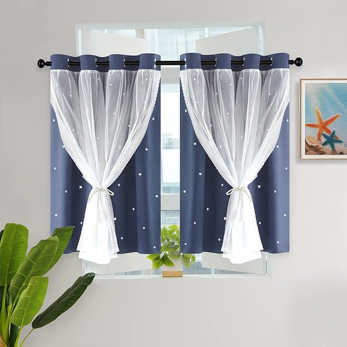 Kinryb Kids Blackout Curtains for Bedroom/Living Room/Classroom, Sheer Overlay Small 2 Panel Set, Double Layer Curtains with Star Cutout for Kids Room(W 52 x L 45 Inches,Stone Blue 2 Pcs)