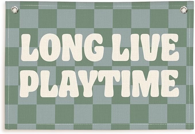 Lacama Playroom Decor, Play Room Wall Decor, Green Long Live Playtime Linen Banner Wall Hanging, Boho Cute Banner Flag Decor for Nursery Boys Room 30x20 Inch